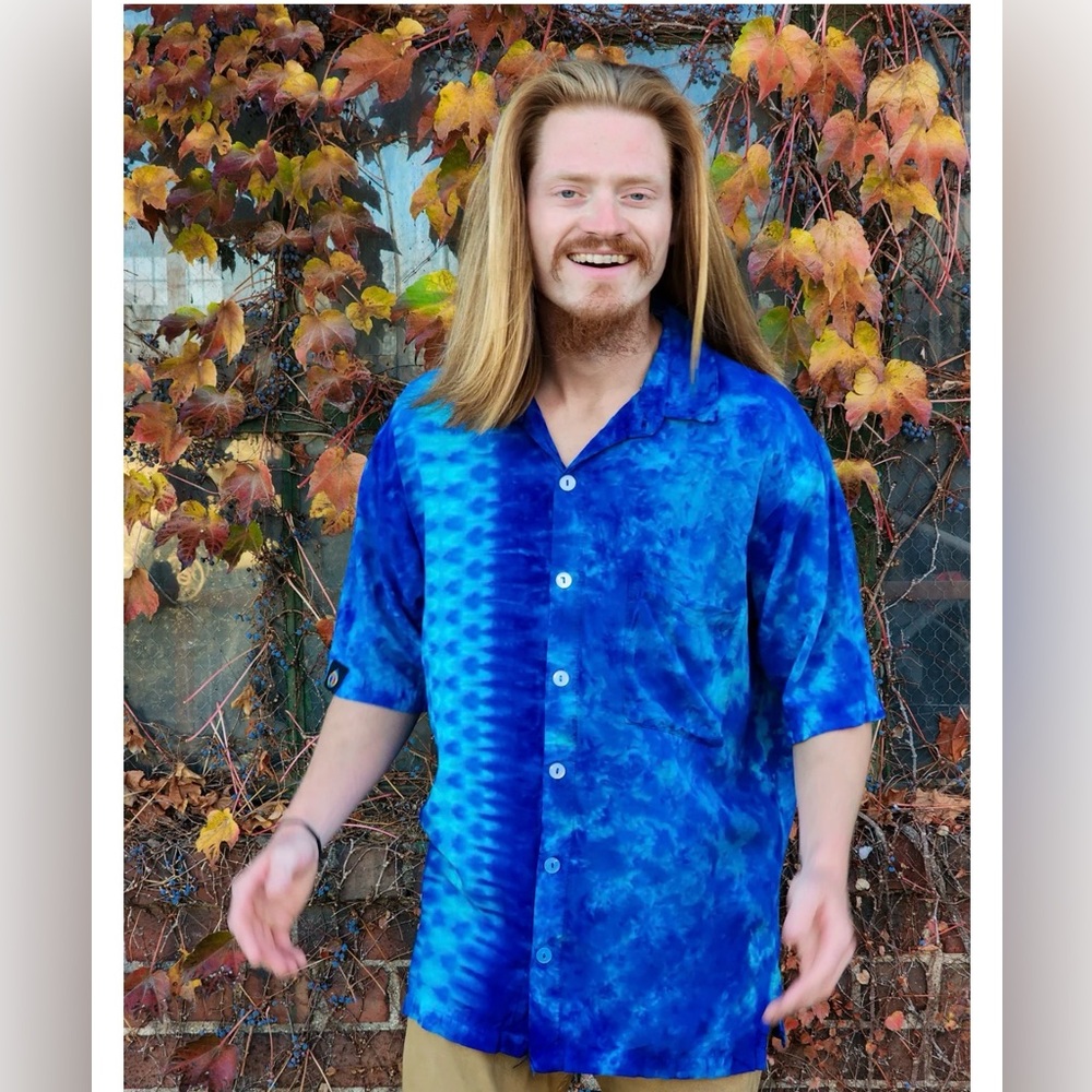 Dimple’s Dyes Blue Tie-Dye Men's Shirt Size XXL Bluebird Maui Button Down Shirt